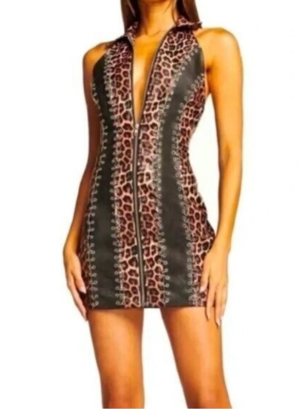 I.AM.GIA | Dresses | Iamgia Amira Mini Dress Size Small Black Halter  Leopard Collared Vegan Leather | Poshmark